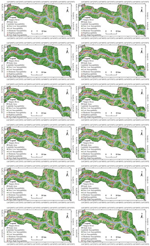 Figure 11. Landslide susceptibility maps using different methods (a) LR-MLP-Boosting, (b) LR-MLP-Bagging, (c) LR-CART-Boosting, (d) LR-CART-Bagging, (e) LR-MLP, (f) LR-CART, (g) No-MLP-Boosting, (h) No-MLP-Bagging, (i) No-CART-Boosting, (j) No-CART-Bagging, (k) No-MLP, and (l) No-CART.