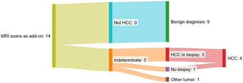 Figure 4. Sankey diagram of the 14 MRI scans as an add-on to a multiphase ceCT scan suspicious of HCC of patients without cirrhosis and no previous record of HCC. All patients with an indeterminate MRI scan were referred to biopsy.