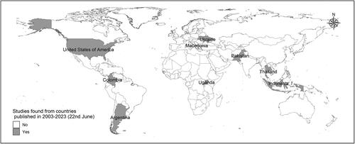 Figure 2. Geographical distribution of the countries where the studies included in the final scoping review were conducted.