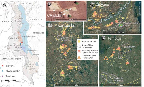 Figure 1. The location and selection of the study areas. Part A shows the location of the three study sites within Malawi in the Nkhotakota and Salima districts. Part B shows CA plots are identifiable from satellite images. Part C-E shows, for each EPA, the delimited areas of high CA uptake (based on apparent CA plots), the locations of the randomly selected points within the delimited areas used to ensure the randomness of the CA adopter group and the locations of the surveyed 3-year CA adopting households