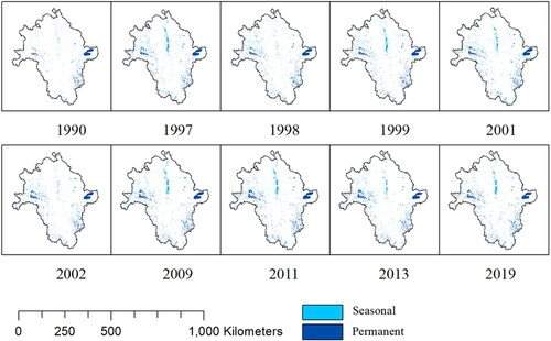Figure 3. Spatiotemporal variation of seasonal water area in the Red River during 1990–2019. The dark color shows the permanent area with no change. Note that most extreme years in terms of wetness and dryness are shown.