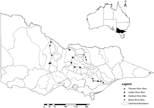 Fig. 1 Nineteen study reaches located in the Thomson, Broken, Goulburn and Loddon river catchments, Victoria, Australia (see Table 1 for site details).