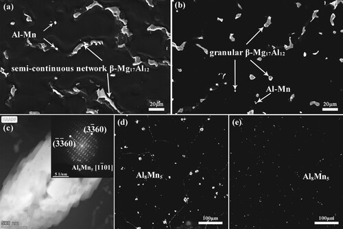 Figure 2. (a, b) SEM images of as-cast microstructure for AZ63 and AZ63M alloy, respectively, (c) BF-TEM and FFT images of Al8Mn5 clusters, (d-e) SEM images of solution microstructure for AZ63 and AZ63M alloy, respectively.