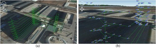 Figure 3. Indoor path network in the 3D virtual scene. (a) Overall view. (b) Edges and nodes.