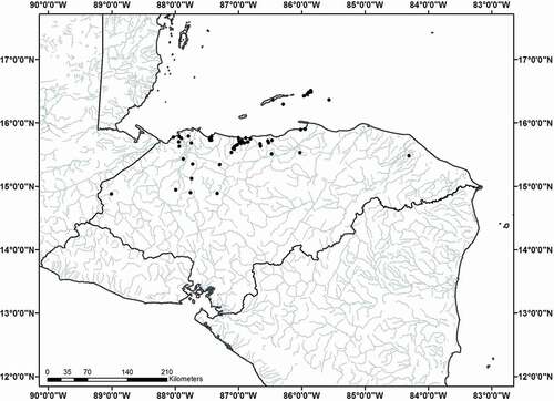 Figure 1. Map of Honduras and surrounding countries showing D. monticola sampling points. One point may represent multiple localities