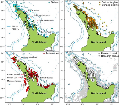 Figure 1. Distribution of reported commercial catches of hammerhead sharks (Sphyrna zygaena) by fishing method, 2005–2014. A few catches were reported from outside the map boundaries. Bottom trawl includes Danish seine. Some positions appear erroneous, for example bottom longline and set net sets in depths greater than 1000 m. Also shown (bottom right panel) are the numbers of hammerhead sharks caught in research trawl stations, 1961–2014. Grey dots are stations that caught no sharks, and white circles show positive catches. Circle area is proportional to the number caught (range 1–15 sharks).