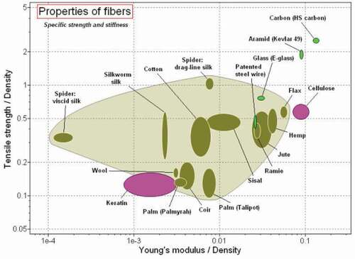 Figure 20. Comparison of the position of natural fibers against synthetic fibers concerning specific tensile strength and stiffness (Ashby Citation2008).