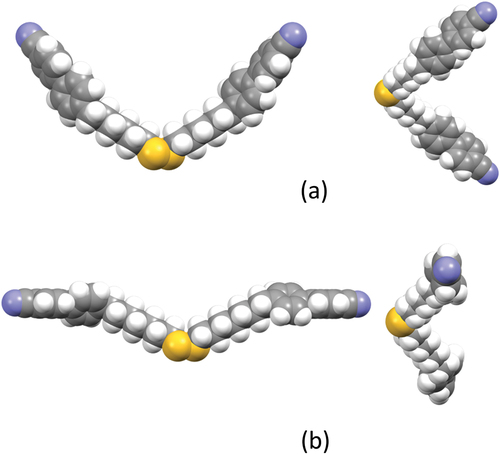 Figure 8. (Colour online) Molecular structures of (a) CB6SS6CB and (b) CB7SS7CB as determined by geometry optimization (DFT/B3LYP/6-311G(d,p)). The views on the right are along the S-S bond.