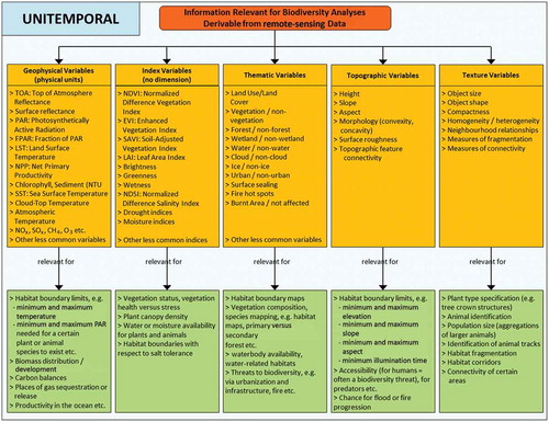 Figure 1. Information relevant for biodiversity analysis that can be gained from remotely sensed data. We classify five types of variables, and examples of further products relevant for habitat analysis are presented. This is shown for the unitemporal case, assuming that only one data set is available and that multitemporal data or time series of data do not exist.