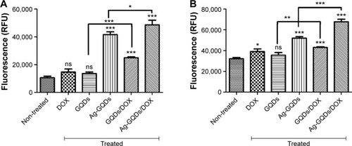 Figure 8 Caspase-3/7 activity was measured as a parameter of apoptotic cell death in: (A) HeLa cells; (B) DU145 cells.Notes: The experiment was repeated three times in triplicate. P-values are shown as follows: ns, non-significant, *P<0.05, **P<0.01, and ***P<0.001 are considered as significant.Abbreviations: Ag-GQDs/DOX, silver nanoparticles decorated with graphene quantum dots conjugated with Doxorubicin; DOX, bare Doxorubicin; Ag-GQDs, silver nanoparticles decorated with graphene quantum dots; GQDs, graphene quantum dots; GQDs/DOX, graphene quantum dots conjugated with Doxorubicin; RFU, relative fluorescence units.