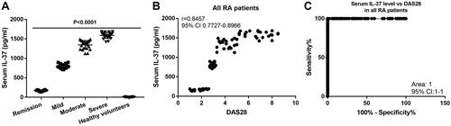 Figure 1 Serum IL-37 level is positively correlated with the RA progression. (A) Serum IL-37 level comparison in the 5 groups of participants. P<0.0001 is the One-way ANOVA analysis among the 5 groups. (B) Correlation analysis of serum IL-37 level and the DAS28 in all RA patients. (C) ROC of serum IL-37 level and the DAS28 in all RA patients.