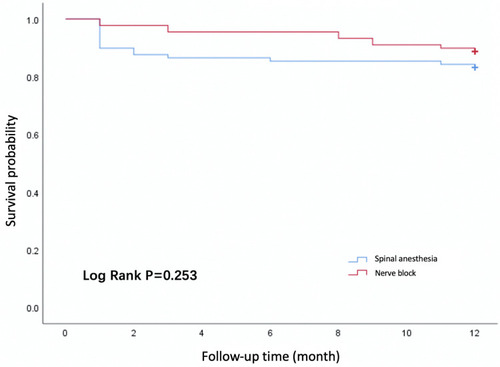 Figure 2 Cumulative postoperative mortality over time. The Y axis represents mortality expressed as a percentage of all cases. The X axis represents the number of postoperative months. The blue curve corresponds to patients who underwent spinal anesthesia, while the red curve corresponds to those who underwent peripheral nerve block.