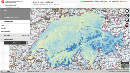 Figure 3. Annual mean Normalized Difference Water Index (NDWI) for 2021 processed by the SDC and visualised through a WMS service into the National Map Viewer of the Swiss Confederation (https://map.geo.admin.ch). NDWI is a proxy for vegetation water content and allows tracking vegetation conditions across the country. .