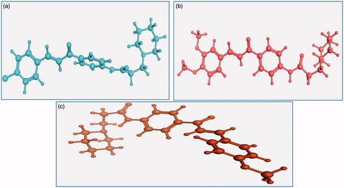 Figure 1. Lowest energy conformers of compound (a) 36, (b) 38, and (c) 37 with balls and cylinders.