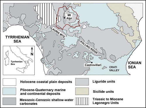 Figure 1. Location and geologic overview of the southern Apennines (modified from CitationGioia & Schiattarella, 2006). Red line shows the border of the study area.