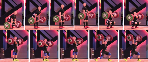 Figure 2. Clean (top series) and jerk (bottom series) from start position to catch position.