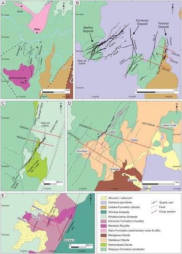 Figure 2. Geology maps of selected epithermal Au-Ag deposits: A, Karangahake (Brathwaite, Citation1989; Stevens and Boswell, Citation2006), B, Martha, Correnso and Favona, Waihi vein system (Torckler et al. Citation2016), C, Golden Cross (Keall et al. Citation1993; Simpson et al. Citation2001), D, Waitekauri (Simpson and Mauk, Citation2011), and E, Wharekirauponga (OceanaGold). Quartz veins are projected to surface except those at Karangahake, which are the surface trace.