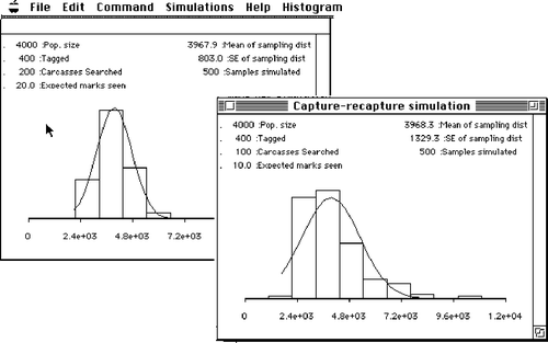 Figure 4. An Example of the Results of Two Simulations Presented Simultaneously. The student is able to resize and rescale each histogram individually, or is able to force all histograms to have the same size and scale.