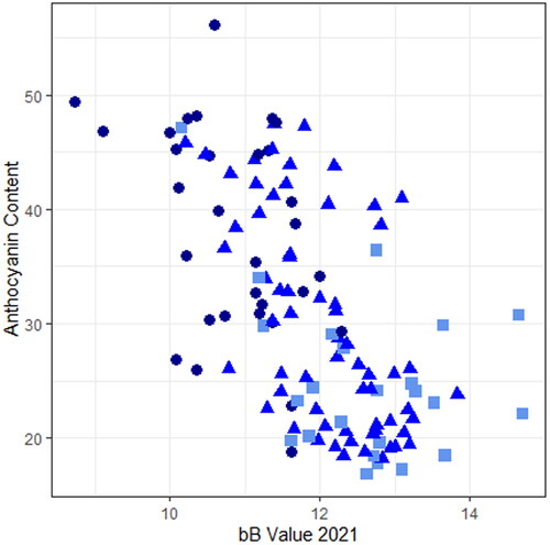 Figure 6. A scatterplot plotting anthocyanin content against the measured bB value in 2021. Point shapes are based on the visual score for blue aleurone with squares indicating light blue, triangles indicating blue, and circles indicating dark blue.