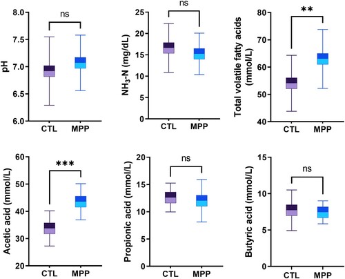 Figure 1. Levels of pH and rumen fermentation end-products including volatile fatty acids (VFAs) and NH3-N in the rumen of meat goats fed CTL and MPP diets. Values are the means, with standard errors represented by vertical bars. Significantly different values are indicated as follows: ***P < 0.001; **P < 0.01; ns, P > 0.05.