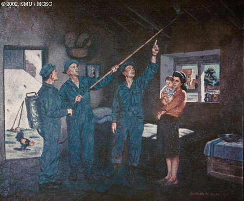 Figure 1. Home disinfection by American medical personnel, Pontine marshes, 1944. Painting by Sgt. Fred Toelle. Image used with permission from Central University Libraries, Southern Methodist University. Available in colour online.