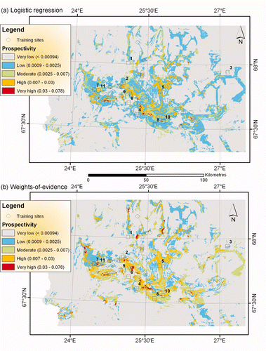 Figure 7 Final prospectivity maps for orogenic gold in the Central Lapland Greenstone Belt using combined empirical and conceptual data. (a) Logistic regression model and (b) weights-of-evidence model. The class breaks are explained in Figure 6. The numbers refer to the validation sites in Table 4.