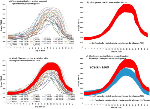 Figure 4. Illustration of SCS R2, a QSMT method, to group, match, assess, identify, and label classes. (a) Class spectra: group similar class spectra (e.g. class #’s 3,6,7, 9, … .,41, 44; total 27 similar classes from rainfed mask classification) obtained from ISOCLASS clustering classification, (b) ideal spectra: obtain an ideal spectra from the spectral library that closely matches with the grouped class spectra, (c) class spectra (Figure 4(a)) matched with ideal spectra (Figure 4(b)) using SCS R2 values (SCS R2 values varied between 0.83 and 0.994, with 26 of 27classes having SCS R-square values of 0.9 or greater), and (d) group of class spectra matched with ideal spectra: combine all similar class spectra into one group and match with ideal spectra which resulted in an SCS R2 value of 0.96 leading to labeling of the class spectral classes as similar name as ideal spectral label. So, the class name in this example is: croplands, rainfed, single crop (Season 1), all crops or mixed crops.