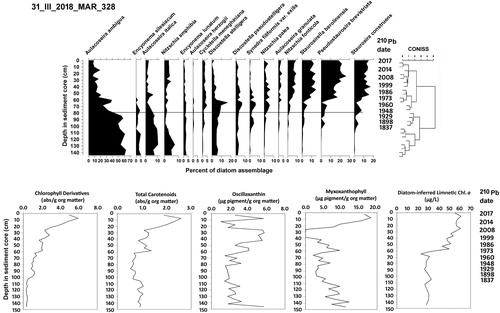 Figure 9. Diatom profile with CONISS zonation for core 31_III_2018_MAR_328 from Lake Marian. Lower panels show sedimented algal and cyanobacterial pigment profiles. Lower right panel presents diatom-based limnetic chlorophyll a inferences.