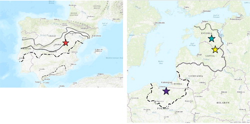 Figure 1. The medieval geo-political context of the Baltic Ordensland: Livonia (broadly present-day Estonia and Latvia) and Prussia, showing their borders respectively in circa 1450 and circa 1400, and of Iberia: al-Andalus. The second map shows the successive frontiers of al-Andalus during the so-called Reconquista, from before 1031 (the northernmost dashed line) through circa 1086 and circa 1150 to (the southernmost dashed line) circa 1238. The coloured stars on both maps mark the location of the four castles most-discussed in the text: Karski (green), Cēsis (yellow); Elblag (purple) and Molina de Aragón (red). (Source: Guillermo García-Contreras Ruiz).