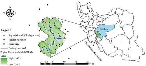 Figure 1. Zayandeh Rud Dam Basin, Iran, showing all existing rain gauges located inside and outside the basin (black points) and the three validation stations (red points)