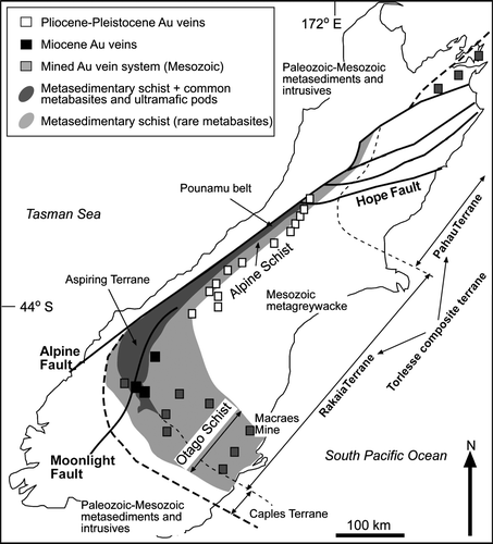 Fig. 2  Geological map showing the principal lithotectonic terranes in the South Island, focusing on the rocks which underlie the Southern Alps (Fig. 1). A belt of schists containing abundant metabasites and scattered ultramafic pods is shown extending from Aspiring Terrane to the Pounamu belt (after Cooper Citation1976), although this continuity is not well established.