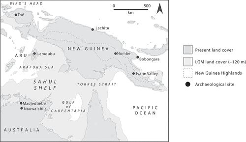 Figure 4. Northern Sahul, the setting for Mode B peopling of rainforested islands (overwater movement followed by insularisation), with key archaeological sites.