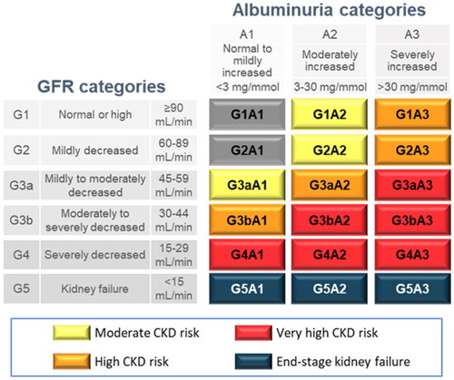 Figure 1. Adapted KDIGO heatmap of CKD based on eGFR and albuminuria categories. Terms for the coloured groups have been adapted from the KDIGO NomenclatureCitation18; grey, no CKD based on eGFR and UACR; yellow, moderate CKD risk; orange, high CKD risk; red, very high CKD risk; blue, kidney failure. Abbreviations. CKD, chronic kidney disease; eGFR, estimated glomerular filtration rate; UACR, urine albumin-to-creatinine ratio.