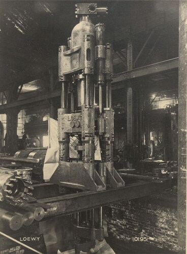 Figure 2. Trial assembly of a Loewy forging press for making alloy pistons for aircraft engines. This 1000-ton vertical press is probably destined for Lloyd Cars, Grimsby, a wartime subcontractor to Rolls-Royce. (Lehigh, SC MS 0078.11.06.01).