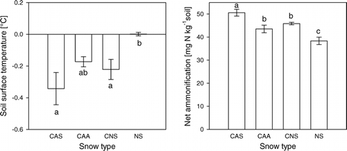 Figure 4 Minimum soil surface temperatures and net ammonification in response to the four different snow types (means ± 1 SE). Different letters indicate statistically significant differences in LSD–post hoc tests (P < 0.05).