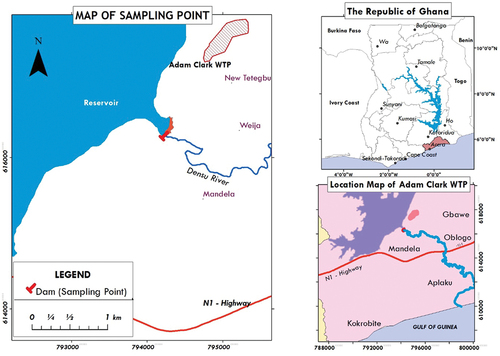 Figure 1. Map location of Weija dam and Adam Clark Water Treatment Plant (WTP), Ghana.