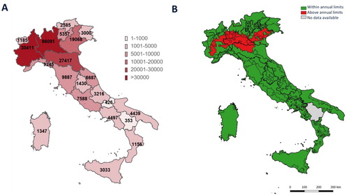 Figure 4. Panel A Total number of cases in different regions on May 20th. Panel B PM2.5 in red the areas where PM2.5 were above the annual limit (2017 data from ISPRA report “Analysis of trend of main atmospheric pollutants in Italy (2008-2017)”, ref.Citation14)