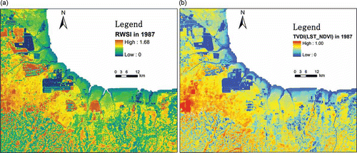 Figure 6. The spatial distribution of the (a) RWSI and (b) TVDI.