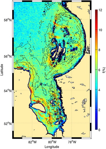 Fig. 12 Details of Belcher Islands and James Bay from Fig. 11. The 25, 50, and 100 m isobaths are shown.