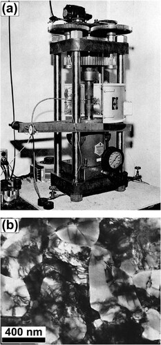 Figure 5. (a) Griggs’s facility fabricated in 1960 for high-pressure torsion processing of geological materials (lower anvil was fixed and upper anvil was rotated by an electric motor and gears) [Citation56]. (b) Transmission electron microscopy of ultrafine-grained pure nickel processed by high-pressure torsion in 1972 [Citation61].