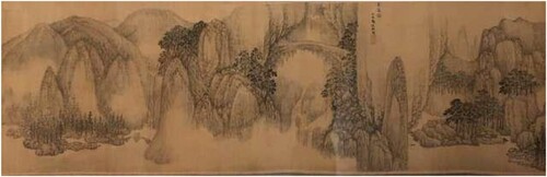 Fig. 15. Wu Bin (c. 1543–c. 1626), Mount Tiantai, handscroll fragment, ink and color on silk, 29.1 × 40.5 cm, 1607, Collection of the Honolulu Museum of Art. Purchase, 1970 (3678.1a).