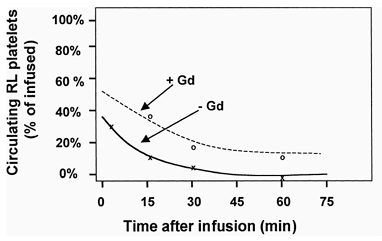 Figure 1. Circulation kinetics of RL platelets with and without (Gd treated) RES macrophages.