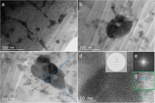 Figure 10. TEM microstructural characterisation. (a) Low magnification TEM images taken from 7075-Er-b show the same type of particles as those in Figure 9, (b–c) Er containing particles of high magnification, (d) the corresponding HRTEM of the particle marked in c. The insets e and f are experimental and stimulated FFT images, respectively. The enlarged inset g shows the coherency between the particle and the matrix.