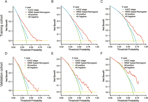 Figure 7 Decision curve analysis (DCA) of the HINS-based model and the conventional AJCC staging system. The DCA curves were plotted based on (A) 1-Y, (B) 2-Y, (C) 3-Y OS benefit in the training cohort; (D) 1-Y, (E) 2-Y, (F) 3-Y OS benefit in the validation cohort.