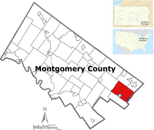 Fig. 9 Location of Abington Township (red), Rockledge (light blue), and Jenkintown (dark blue) in Montgomery County, Pennsylvania, United States. The location of Abington Township in Pennsylvania and in the United States are given in the embedded maps (Wikipedia contributors Citation2023, edit by authors).