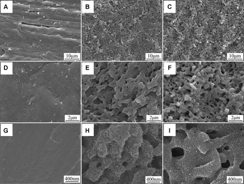 Figure 1 SEM images of surface morphologies of PEEK (A, D and G), 80FPK (B, E and H) and 160FPK (C, F and I) under different magnification.