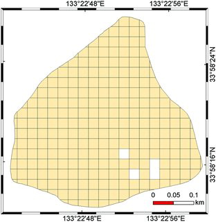 Figure 6. 25 sq. m blocks in model catchment. The hollow blocks representing bedrock were excluded from the analysis.