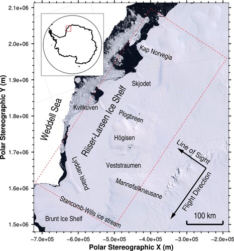 Figure 1. The location of the Riiser-Larsen Ice Shelf. The background optical image is provided by the Landsat Image Mosaic of Antarctica (LIMA) (Bindschadler et al. Citation2008). The red dashed rectangle indicates the coverage of the cropped data.