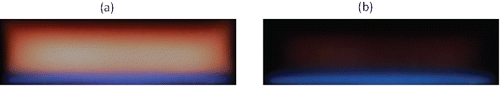 Figure 1. Photographs of premixed n-butane/oxygen/nitrogen flames: (a) Flame1.95 and (b) Flame1.75, representing their visual aspect (with the same camera settings).