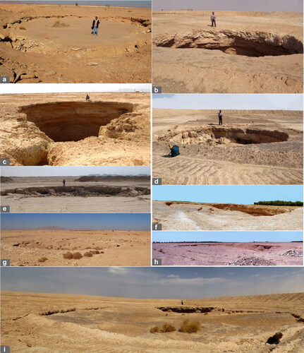 Figure 2. Abarkouh sinkholes with documentation numbers: a) S2, b), S15, c) S13, d) S13-1; e) S19; f) S11, g); S18, h) P3, i) S11.